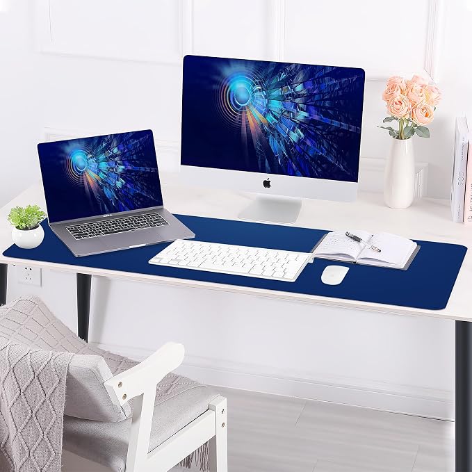 AFIING Leather Desk Pad Protector, Large Desk Mat with Natural Cork & PU Leather, Mouse Pad, Non-Slip, Waterproof Desk Writing Pad for Office and Home, Sapphire Blue