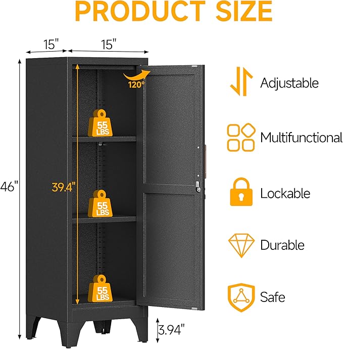 46"H Black Metal Locker Set of 2,Small Locking Cabinet with 1 Door and 2 Adjustable Shelves For Employees,3 Tier Small Storage Cabinet with Detachable Legs for Kitchen, Office,School,Gym,Easy Assembly