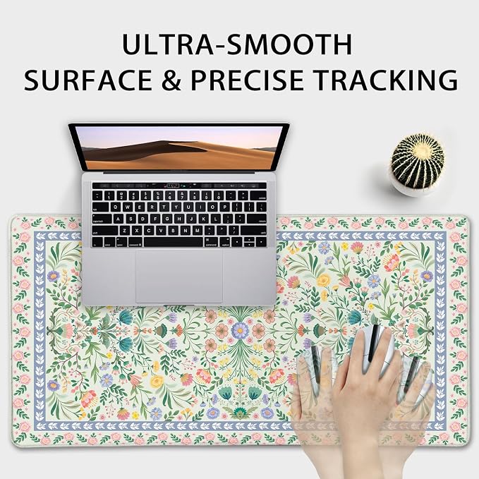 Green Floral Desk Mat Large Mouse Pad 31.5"x15.7" Non-Slip | Extended Mousepad, Non-Slip Rubber Base , Stitched Edges, for Computer/Laptop/Office/Home