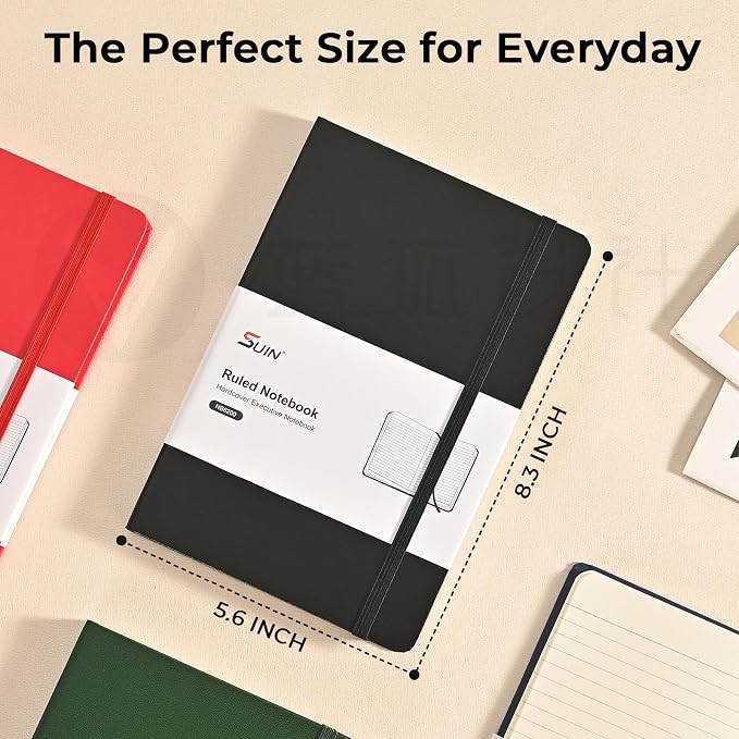 SUIN A5 Hardcover Lined Journal, 100 GSM Smooth Paper, 192 Pages, Green | Full-Page Undated Ruled Layout, Slim Sturdy Cover, Matching Ribbon Bookmark & Elastic Closure