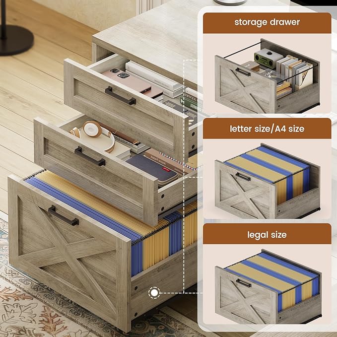SEDETA 67" Farmhouse L Shaped Desk with Hutch, Grey | Home Office Desks with Drawers & Sliding Doors,Executive Corner Computer Desk with Storage Shelves,Power Outlets,LED Lights