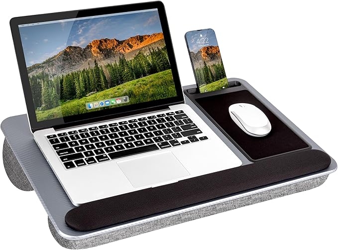 LAPGEAR Home Office Pro Lap Desk – Silver Carbon, Fits 15.6” Laptops | Built-In Mouse Pad & Phone Slot, Wide Cushioned Wrist Rest, Dual-Bolster Microbead Cushion, Carry Handle