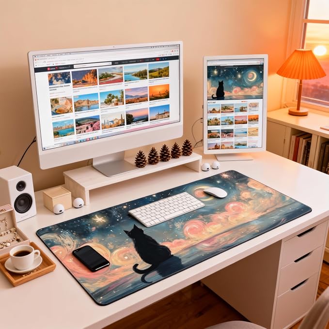Cute Anime Black Cat Gaming Mouse Pad, Colorful Van Gogh Desk Mat with Anti-Slip Base & Stitched Edges, Computer Keyboard & Laptop Pad, 35.4" x 15.7" in in Workstation Accessories