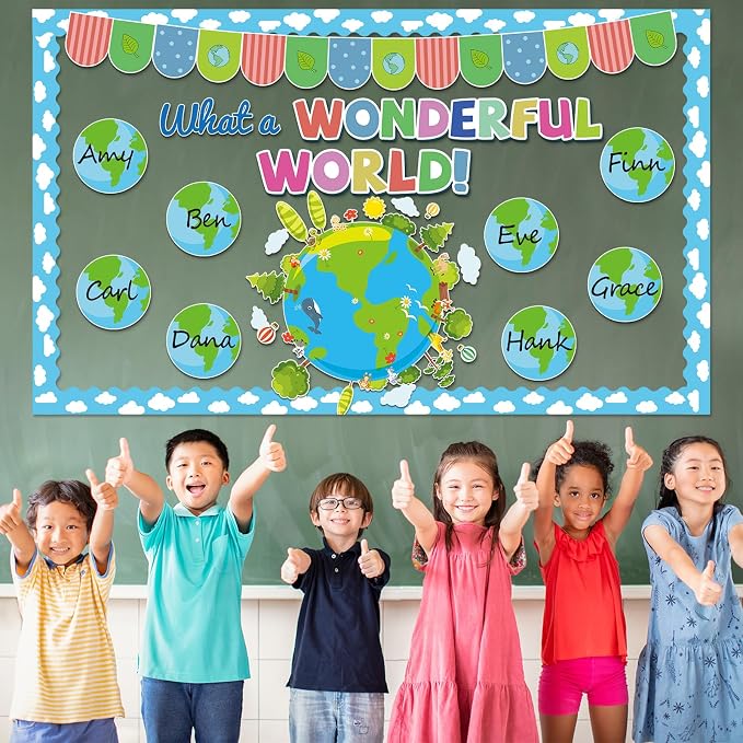 Earth Bulletin Board Set What A Wonderful World Classroom Bulletin Board Decorations Earth Name Tag Cutouts Classroom Decorations for Back to School Teachers Office Chalkboard Decor Wall Door Supplies