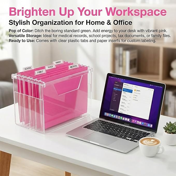 Pink Hanging File Folders Letter Size,25 Pack Reliable Hanging Folders for Filing Cabinet,Reinforced Rods for Smooth Gliding,Includes 1/5 Adjustable Tabs & Inserts,Ideal for Home & Office