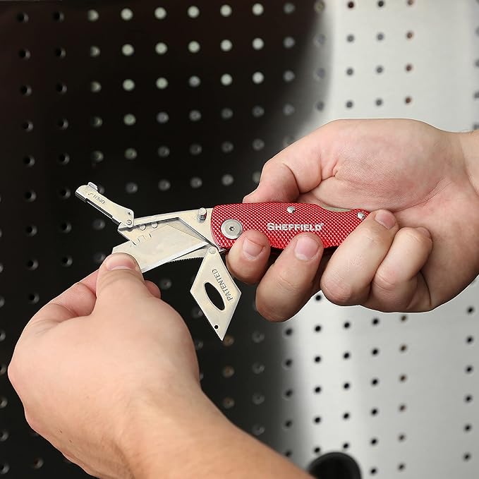 Sheffield Folding Utility Knife, Accepts Standard Utility Knife Blades, Box Cutter Aluminum Handle, Razor Blades Included, For Home, Office, Trades, and Warehouse