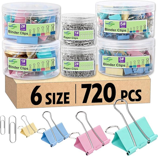 720 PCS Paper Clips and Binder Clips Sets, Binders & Paperclips Assorted Sizes and Jumbo Paper Clips for Offices, Schools and Families