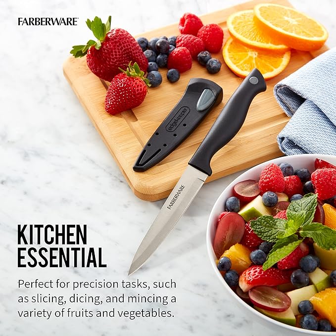 Farberware Edgekeeper 4.5-Inch Fine Edge Utility Knife with Self-Sharpening Blade Cover, High Carbon-Stainless Steel Kitchen Knife with Ergonomic Handle, Razor-Sharp Knife, Black