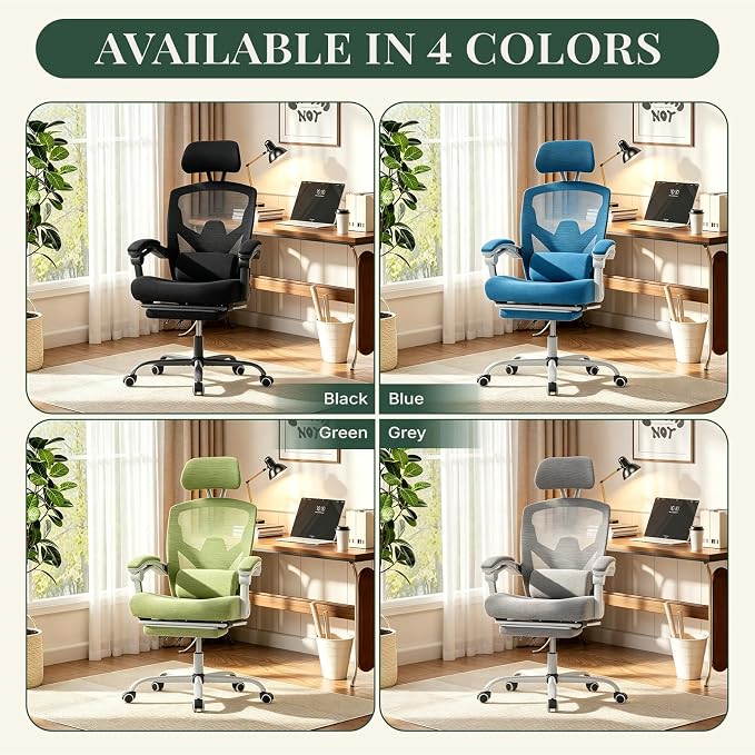 Ergonomic Office Chair with Footrest, Computer Gaming Chair | Adjustable Headrest, Lumbar Support, Swivel Reclining, Padded Armrest, Mesh High Back, Home Desk Work Study, Grey