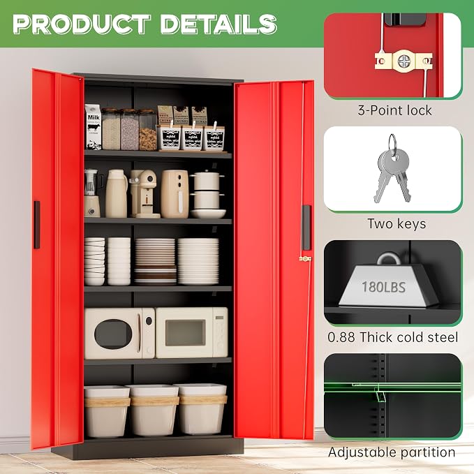 Metal Storage Cabinet,72" Steel Lockable File Cabinet with Locking Doors and Adjustable Shelves,Locking Tool Cabinets for Office,Home,Garage,Gym,School (Black Red)