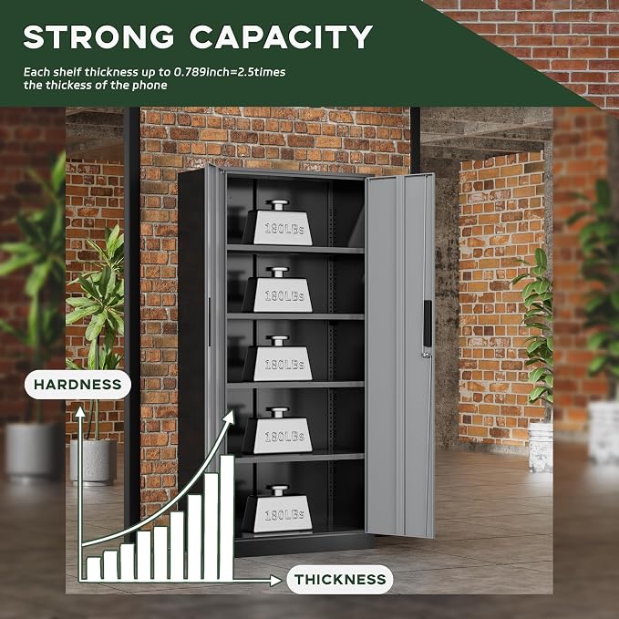 Greenvelly Metal Storage Cabinet,72" Locking Metal Garage Storage Cabinet with Doors and 4 Adjustable Shelves, Lockable Steel Cabinet for Home Office, Garage, Shop, School (Black Grey 32" W x 16" D)