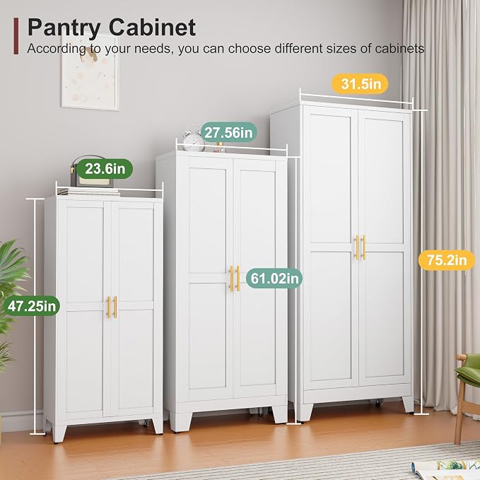winiowa Metal Pantry Cabinet with 2 Doors and Adjustable Shelves, Kitchen Storage cabinets with Gold Handles, Versatile Storage for Laundry/Living Room,Bathroom,Dinning Room-White