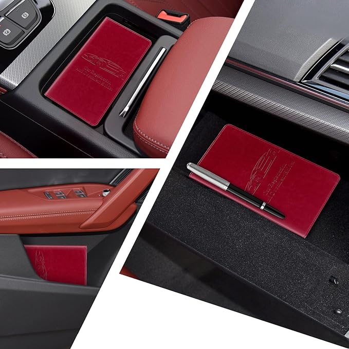 Car Registration and Insurance Card Holder for Women Men, Red Glove Box Paperwork Organizer with Magnetic Buckle for Easy Access and Protect Documents and Various Cards in Vehicle