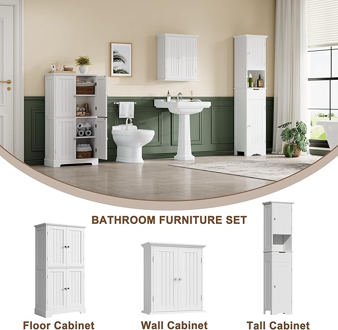 ChooChoo Bathroom Floor Cabinet with Adjustable Shelves | Bathroom Storage Cabinet, 4 Doors, Freestanding Cupboard for Living Room, Kitchen Pantry, White