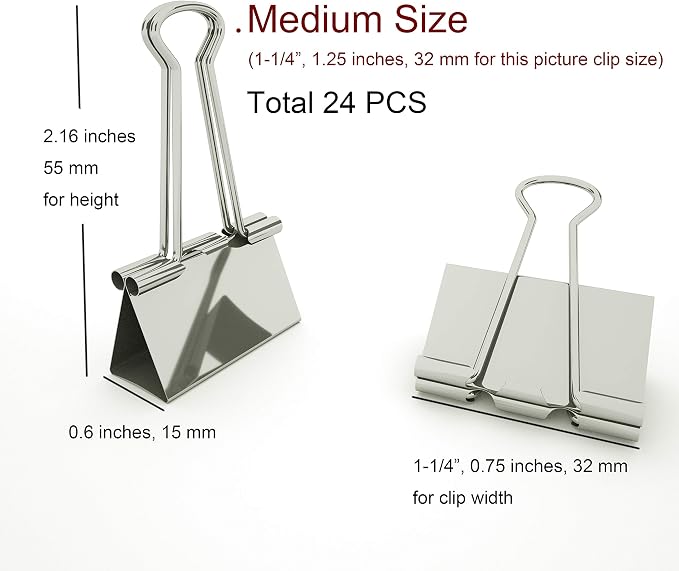 Nctinystore Binder Clips Medium Metal Clamp - 1-1/4 in (1.25 inch) (Silver, 24-Count)