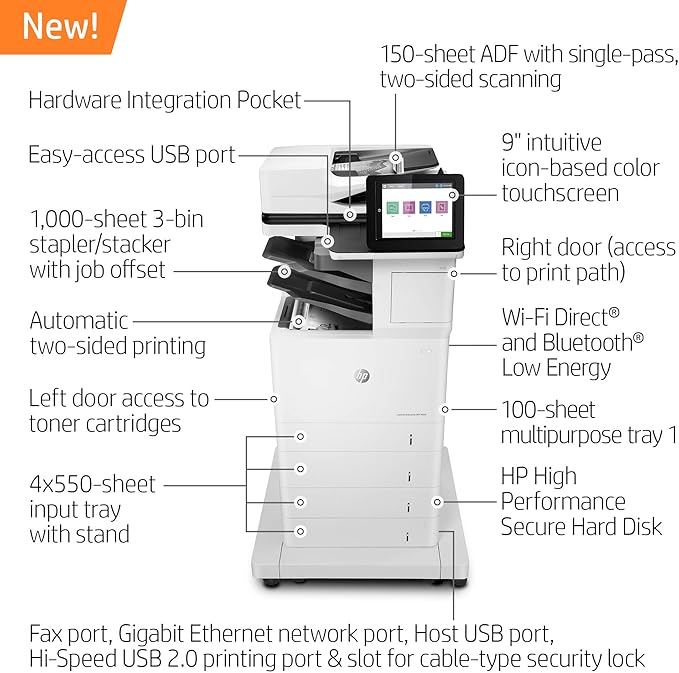 HP LaserJet Enterprise MFP M634z Monochrome All-in-One Printer with Built-in Ethernet, 2-Sided Printing, Extra Paper Trays & 3-bin Stapler/Stacker (7PS96A)