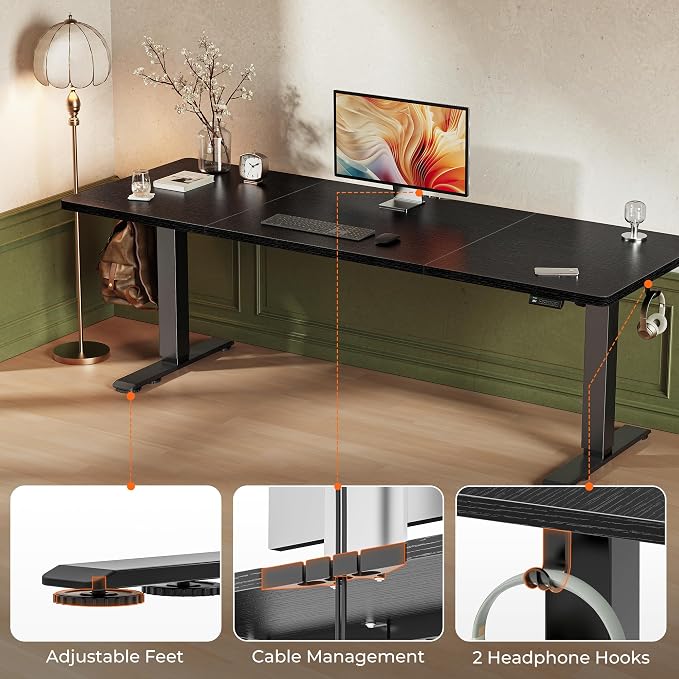 Huuger 78.7'' x 29.5'' Large Electric Standing Desk, Height Adjustable Computer Desk, 29.5" Deep Desktop, Stand up Gaming Office Desk with 2 Hooks, 3 Preset Heights, for Home Office, Black