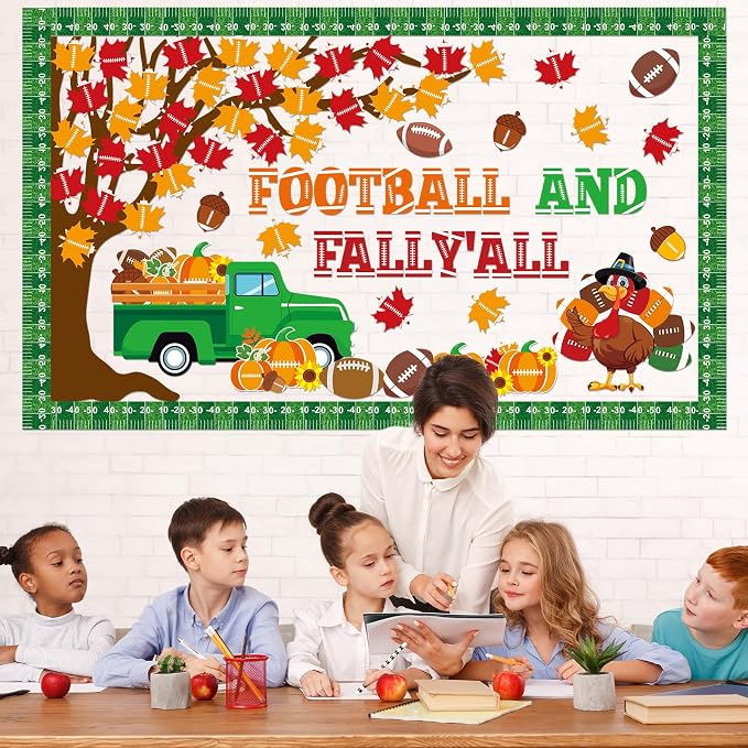 Fall Thanksgiving Football Bulletin Board Set Sports Classroom Decorations Autumn Maple Leaves Pumpkin Paper Cutouts Football Bulletin Board Border for Chalkboard Classroom Door Wall Sport Supplies