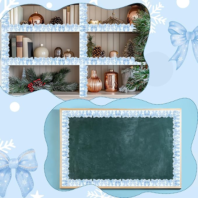 BeYumi Blue Bows Border Trim - 65ft Back to School Watercolor Blue Bow Coquette Rolled Border Trim Pastel Watercolor Bulletin Board Classroom Office Chalkboard Kindergarten Elementary Home Party Decor