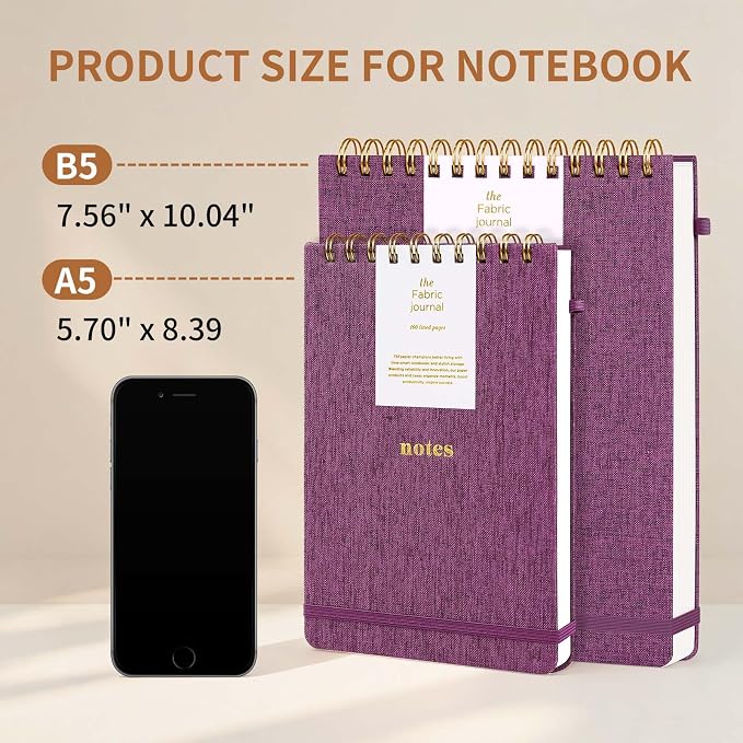 B5 Top Spiral Notebook, College Ruled Journal 7.36" x 9.84" | Fabric Hardcover Steno Pads, Elastic Band & Pen Loop, 100GSM Paper, 192 Lined Pages for Work, School, Travel (Purplish-red)