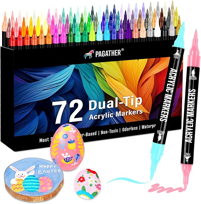 72 Colors Acrylic Paint Markers, Dual Tip with Fine Tip and Brush Tip Pens for Stone, Wood, Calligraphy, Canvas, Ceramic, Metal, Glass, Rock Painting, DIY Crafts