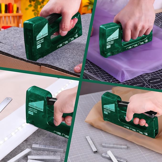 HAUSHOF Light Duty Staple Gun, Upholstery Staple Gun with 800PCS JT21 Staples and Stapler Remover, Fits JT21 Staple of 1/4'', 5/16'' & 3/8'', Used for Wood, Classroom, Crafts, DIY (Green Transparent) | Upholstery Staple Gun Fits JT21 Staple of 1/4'', 5...