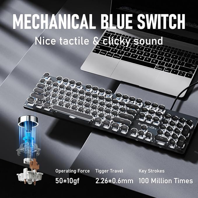 SEUNKWANG Typewriter Style Mechanical Gaming Keyboard with White Backlit, Wired Retro Punk Computer Keyboard Durable Metal Panel, Clicky Blue Switch, Round Keycaps, Full-size for PC/Desktop/Win, Black