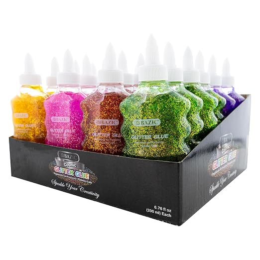 BAZIC Products Cosmic Glitter Glue, 6.76 Fl Oz, 24-Case | Washable, 6.76 Fl Oz bottle of cosmic glitter glue, Glue and glitter in one, Non-toxic, Acid-free, No-run, Bulk pack