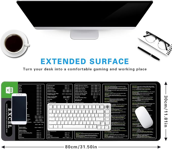 Excel Cheat Sheet Desk Pad, 31.5"x11.8", Waterproof Extra Large Excel Shortcut Mat with Stitched Edges, Anti-Slip Excel Mouse Pad for Office Desk, MS Excel/Word Shortcuts (Green Shortcut B)