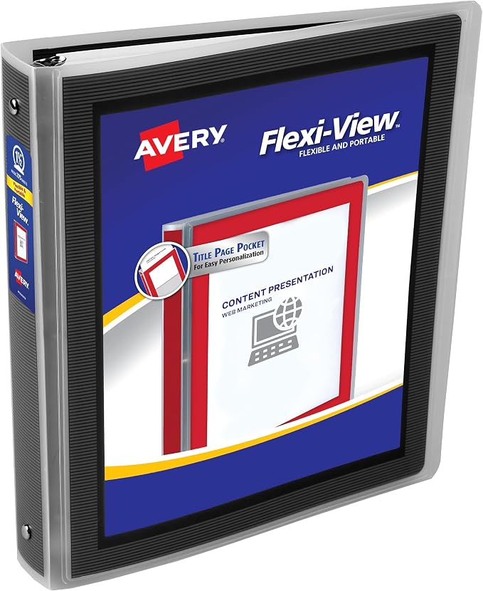Avery Flexi-View 3 Ring Binder, 1.5 Inch Round Rings, 1 Black Binder (17637) (Pack of 12)