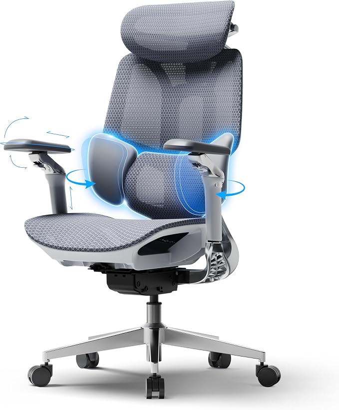 Hbada E3 Pro 2026 Edition Ergonomic Office Chair, Mesh Desk Chair with 3-Zone Floating Lumbar Support, Upgraded 4D Headrest, 720° Armrests, Grey