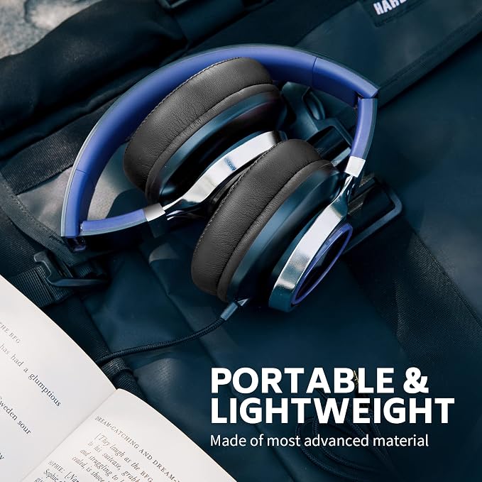 AC01 Over-Ear Headphones Wired with Mic Volume Control, Black Blue | Passive Noise Isolating Corded Stereo Headsets for Adults Teens Kids 3.5mm for School, Chromebooks, Laptop, Tablets, Travel