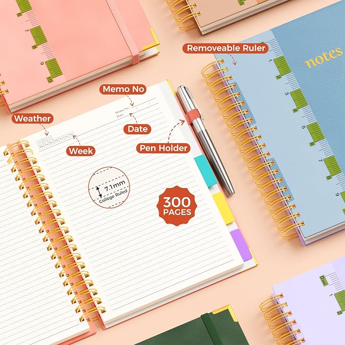 XYark A4 Hardcover Spiral Notebook, 8.5"x11" College Ruled Notebooks with Removable Divider Tab & Ruler, 5 Subject Notebook 300 Pages, Large Lined Journal for Women Men School Work Office, Light Blue