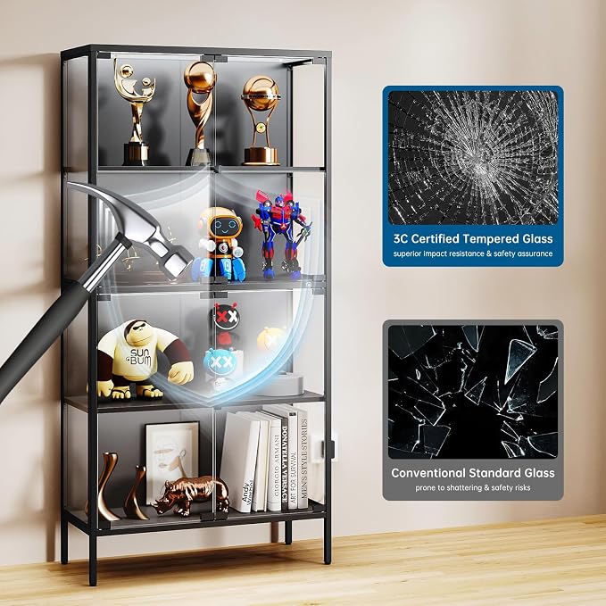PEUKC 65" Glass Display Cabinet with 3-Color LED Light, Display Case with 4 Tempered Glass Doors and Shelves, Metal Frame Curio Storage Cabinet for Collectibles, Figures, Awards, Book, Toy (Black)