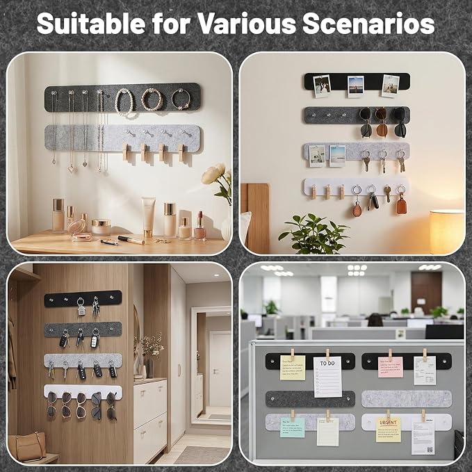 8 Pack Felt Bulletin Board Strips, 13x2 Inch Pin Board, Cork Boards | Self Adhesive, Includes 50 Pushpins and 10 Wooden Clips Push Pins, for Walls Home School Office Decor (Black White Gray)