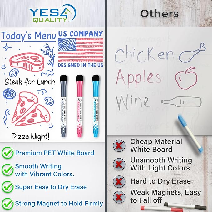 Magnetic Dry Erase White Board Sheet for Fridge - 17x11 - Stain Resistant Technology with 3 Markers & Big Eraser with Magnet - Small Refrigerator Whiteboard Planner Organizer - by Yes4Quality
