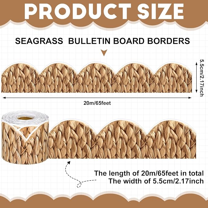 Zonon 65.6 Ft Woven Bamboo Bulletin Board Border Farmhouse Classroom Decor | 1 Roll Boho Border Natural Scalloped Trim, Straw Weaving Border, Suitable for Back to School Chalkboard, Poster, Wall, Decor