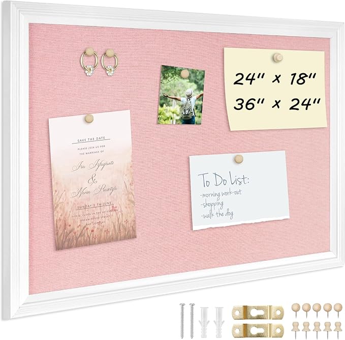 DOLLAR BOSS Bulletin Boards with Linen, 36"x24" Pink Cork Board, White | Corkboards for Walls, Framed Pin Board, Picture Display Vision Board, For Office Home School Girls Dorm Decor, 10 Pushpins