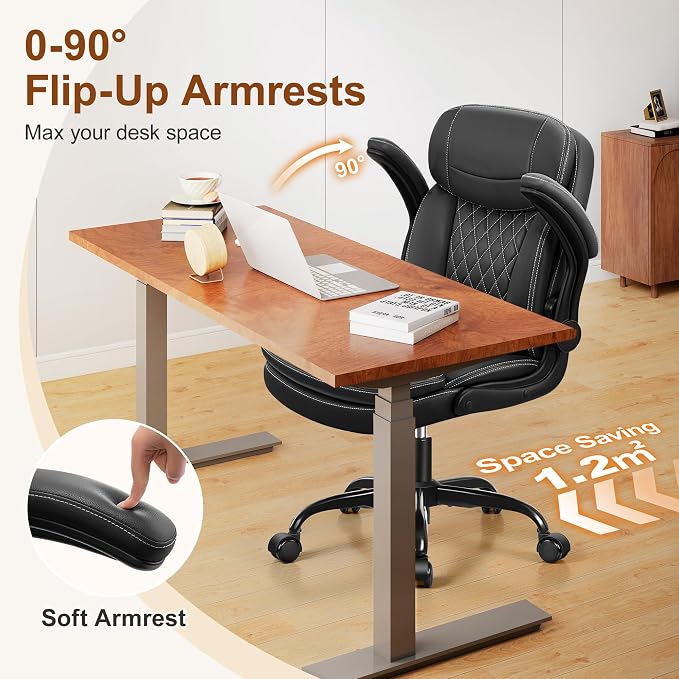 Leather Office Chair, Ergonomic Small Desk Chairs with Wheels, Jet Black | Unique Double-Layer Seat Cushion and Neckrest, Adjustable Flip Up Armrests, Tilt, Use for Short People at Home, Meeting Room