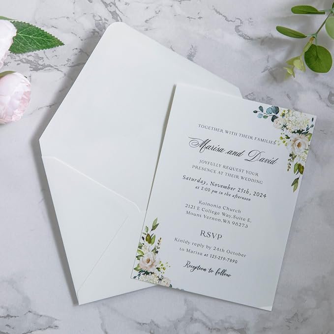 PONATIA 50 PCS A7 Envelopes, 5.25 x 7.25'' Matte Ivory Envelope, Perfect 5x7 Envelopes for Wedding Invitation Cards, Christmas Gift Cards Envelope, Acrylic Invitations, Photos