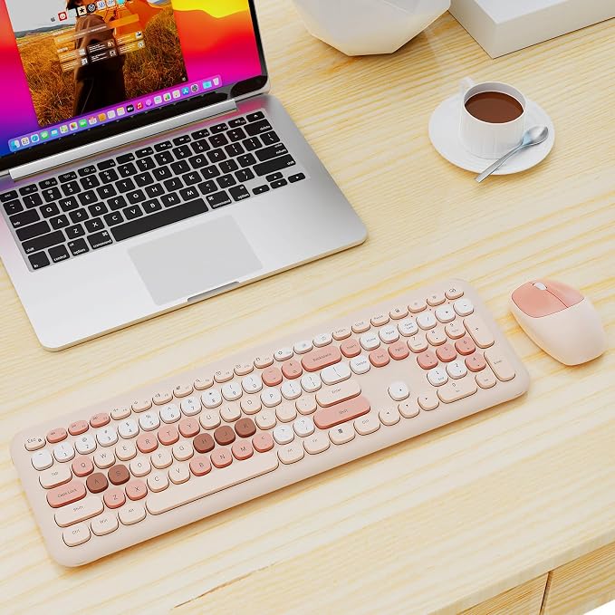 Nowlike Wireless Keyboard and Mouse Combo, Retro Typewriter Keyboard with Round Keycaps, Full-Size Ergonomic, Brown, Ideal for Windows PC, Home, Office, and College, Wireless Keyboard Mouse Combo
