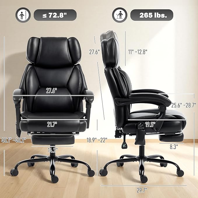 HOMCOM Massage Office Chair with Lumbar Heat, Ergonomic Executive Desk Chair with Adjustable Headrest, 6 Points Vibration, High Back, Reclining, Padded Armrests, Footrest, PU Leather, Black