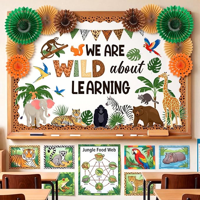 70 Pcs Jungle Bulletin Board Decorations with Paper Fans 3D Safari Animal Classroom Bulletin Board We are Wild About Learning Educational Cutouts for Back to School Office Wall Decor Supplies