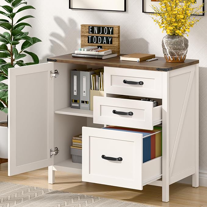 Befrases Farmhouse Lateral Filing Cabinet, Lateral File Cabinet with 3 Drawers and Storage Cabinet, Wooden Printer Stand with File Drawer for Letter/A4 Size Hanging File for Home Office, Rustic White