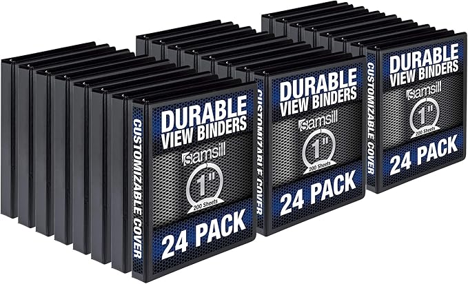 Samsill 24 Pack Durable 1 Inch 3 Ring Binders, Round Ring, Clear View Cover for Presentations, Black