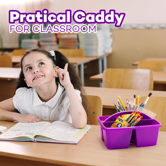 4E's Novelty Classroom Caddy Set of 6, Plastic Caddies for Supply, Caddy Organizer with Handle for Classroom, Rainbow Colors, Desk Caddies for Supplies Keep Desks and Work Stations Organized