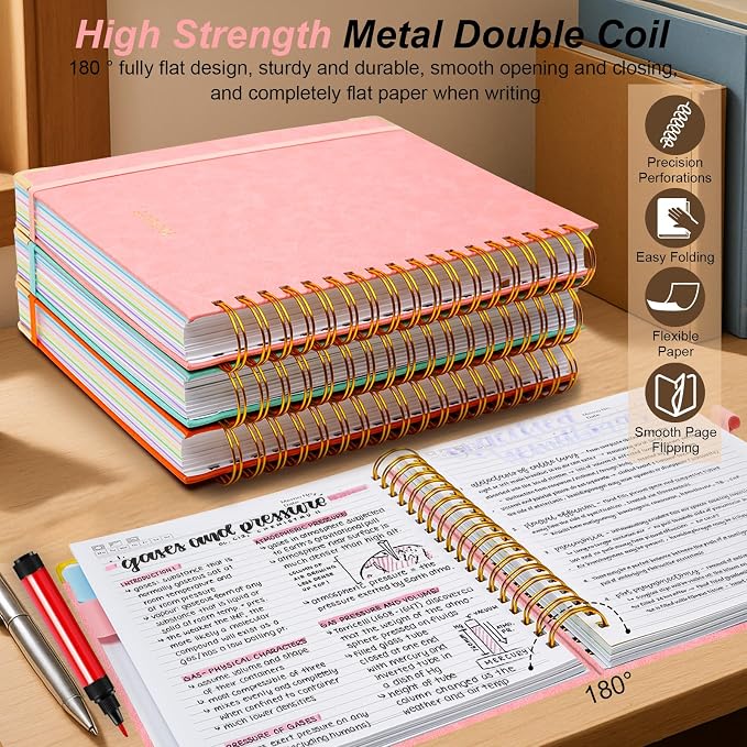 Hardcover Spiral Notebook 6.2"x 8.2" Journal Notebook with Tabs and Removable Dividers 300 Pages 5 Subject Notebook College Ruled, Faux Leather Spiral Bound Notebook for Women School Work (Pink)