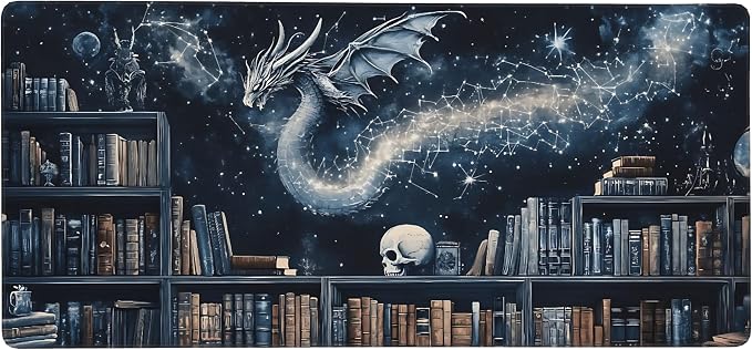 Aesthetic Dragon Gaming Mouse Pad, Black Blue Mystical Desk Mat with Anti-Slip Base & Stitched Edges, Computer Keyboard & Laptop Pad, 35.4" x 15.7" in in Workstation Accessories