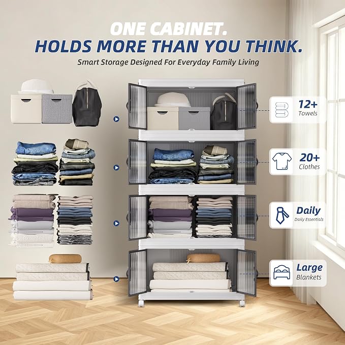 SAILUN 464Qt Stackable Storage Bins,Storage Cabinet with a Lid,4 Pack White | Stackable Storage Drawers with Lids,26" W x 17" D x 56.7" H,Featuring open-front Access for Clothes and Closet Storage