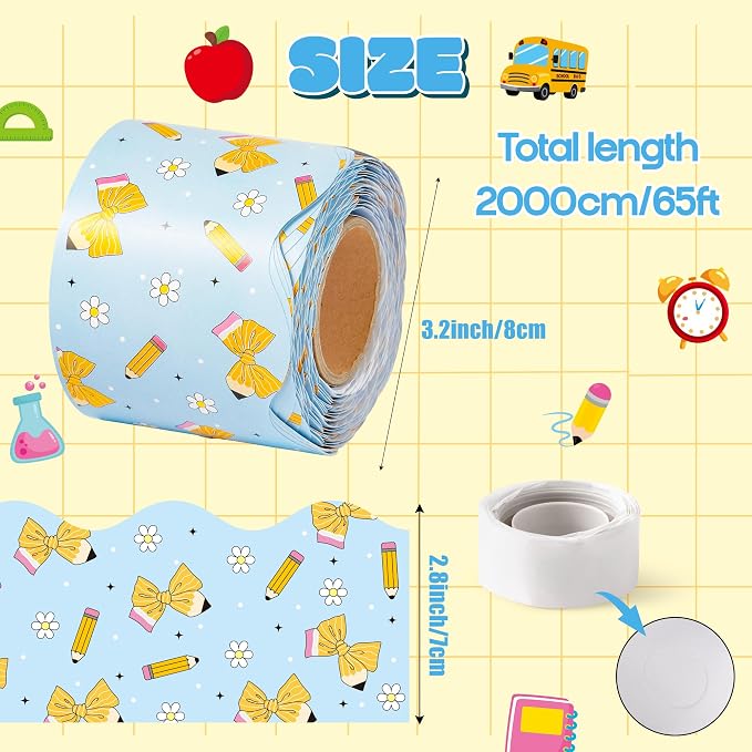 BeYumi Pencil Bow Border Trim - 65ft Back to School Blue Pencil Bow Scalloped Rolled Border Trim Pencils Bowknot Coquette Bulletin Board Set School Classroom Office Chalkboard Party Holiday Wall Decor